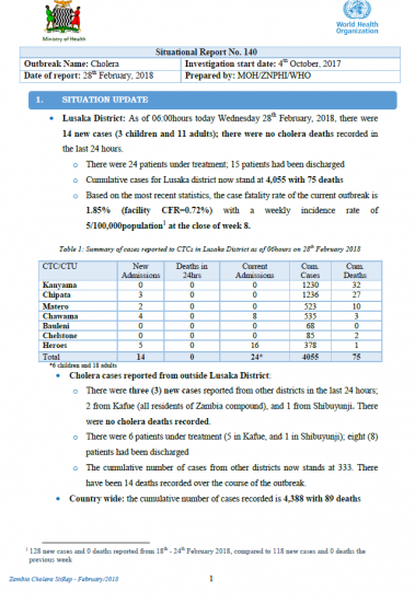 Zambia Cholera Situation Report - 28 February 2018
